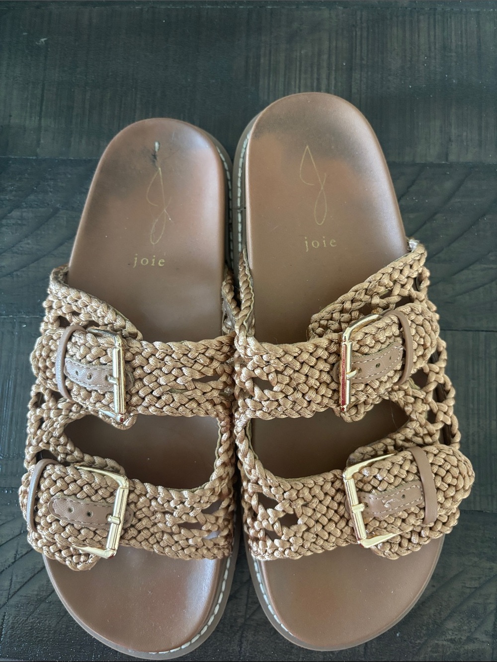 Joie Braided Double-Buckle Slide Sandals in Brown with Gold Buckles